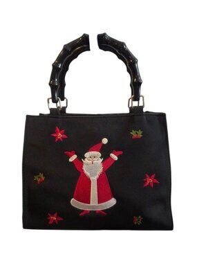 Kim Rogers Vintage Christmas Santa Embroidered Handbag Bag Black Bamboo Handle